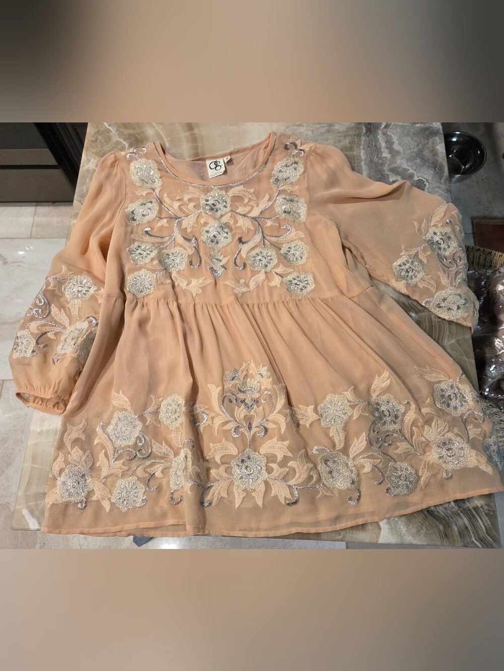Anthropologie One September Peach Embroidered Top